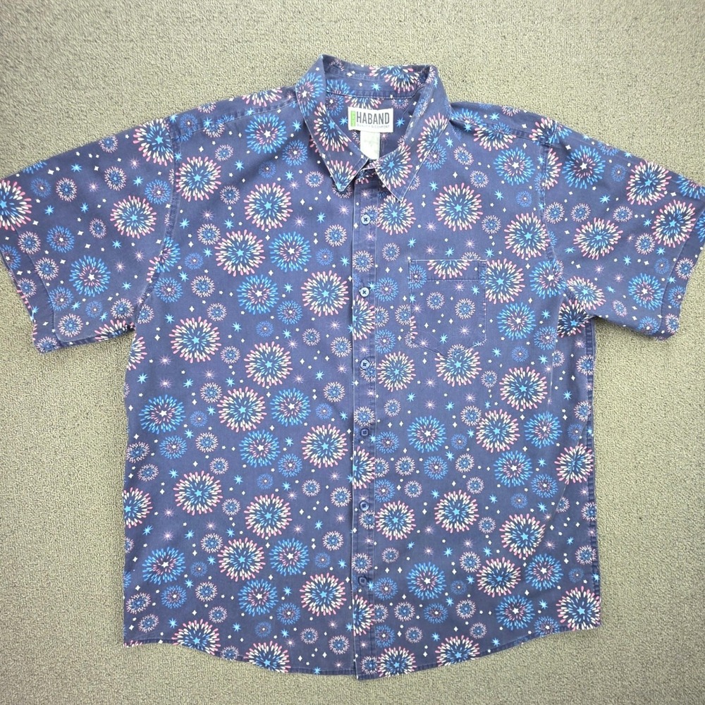 Haband Fireworks Vintage Button Down Shirt Mens Navy Blue Patriotic Starburst XL